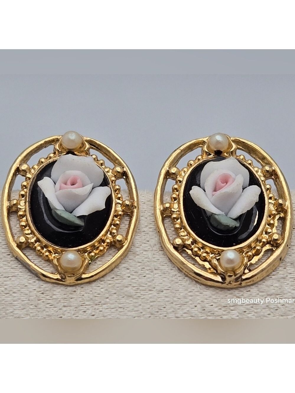 Cameo Flower Earrings w/Faux Pearl Oval Studs Vintage 3D